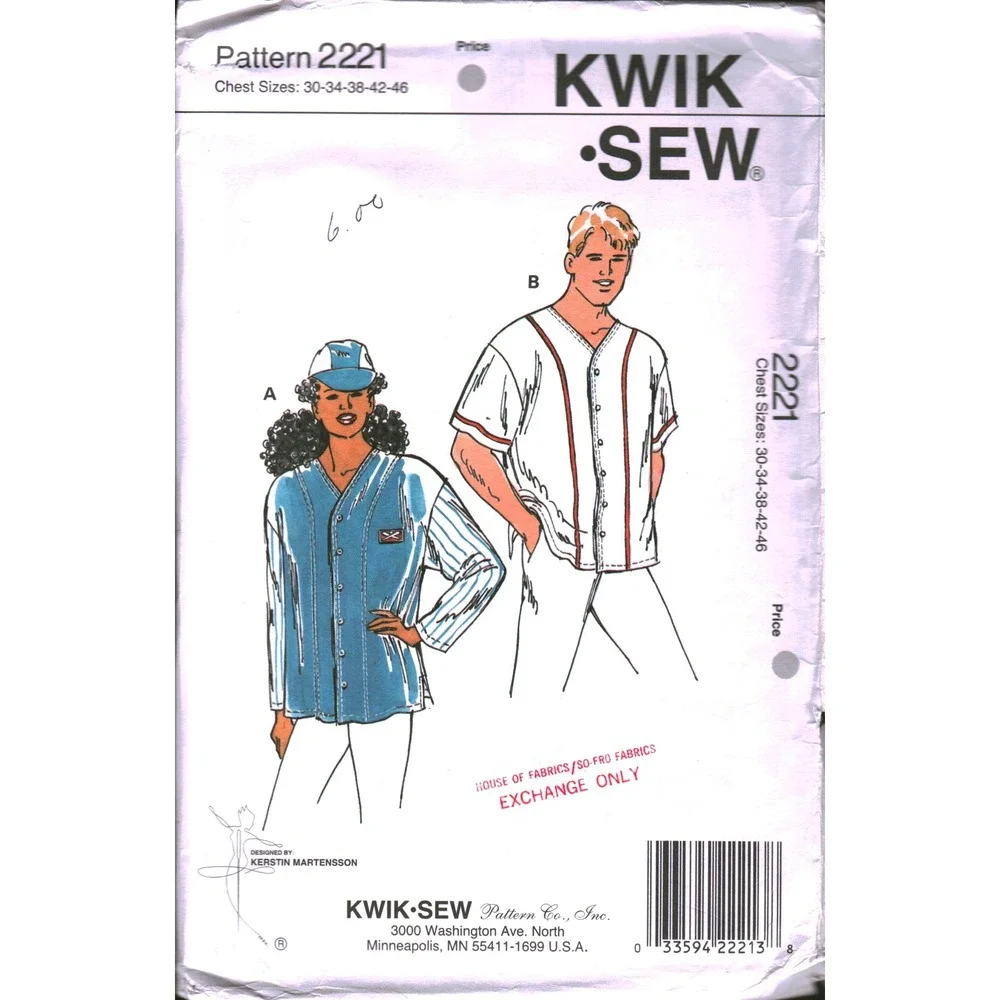 Kwik Sew 2221 Unisex Baseball Shirt Sewing Pattern Chest 30-46 K Martensson